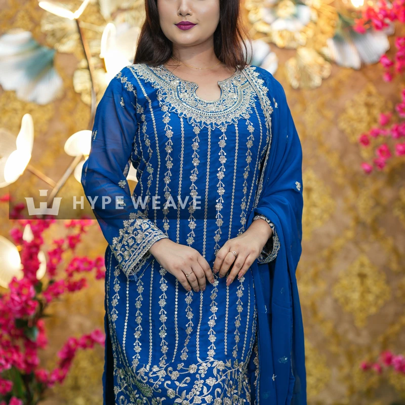Royal Teal Pakistani Embroidered Georgette Three-Piece | Hype Weave - Image 4