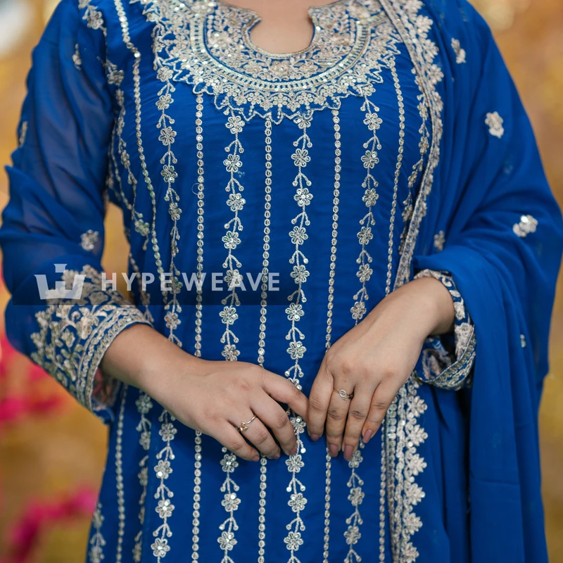 Royal Teal Pakistani Embroidered Georgette Three-Piece | Hype Weave - Image 6