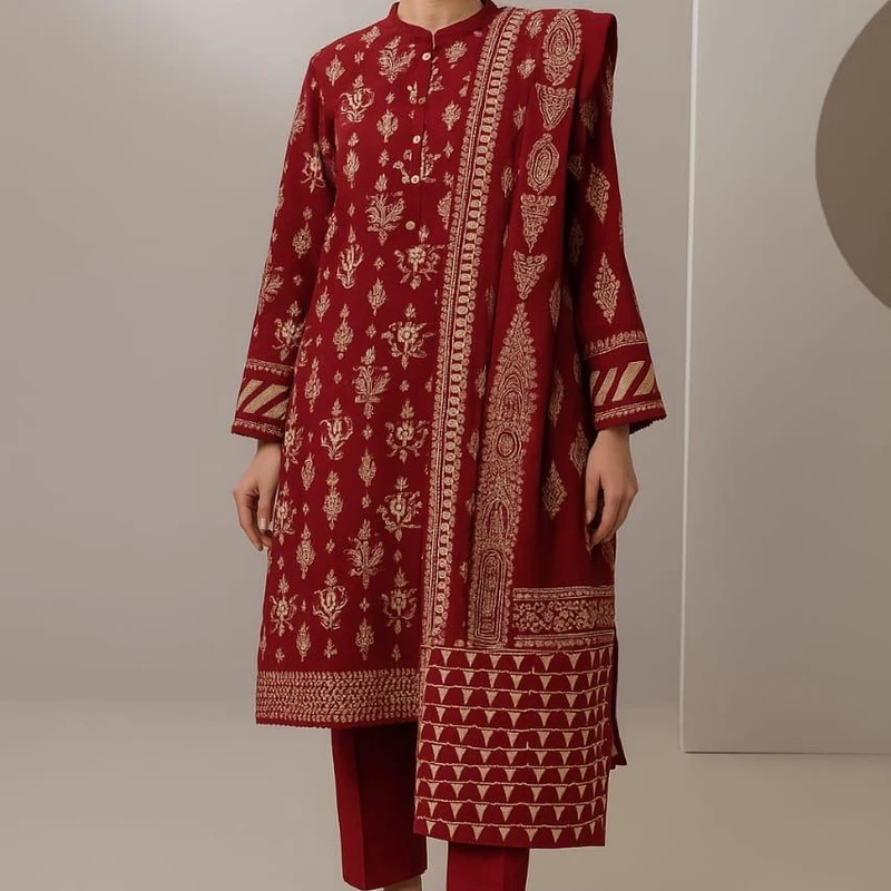 Cotton Three-Piece with 5-Haat Orna