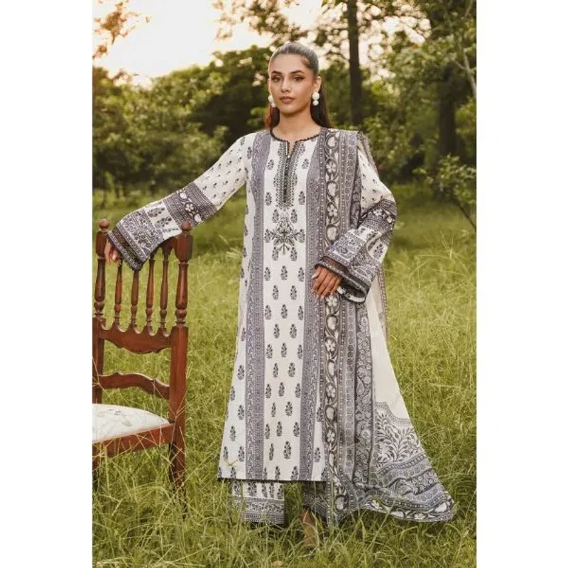 Printed White & Black Cotton Three-Piece | Elite Elegance