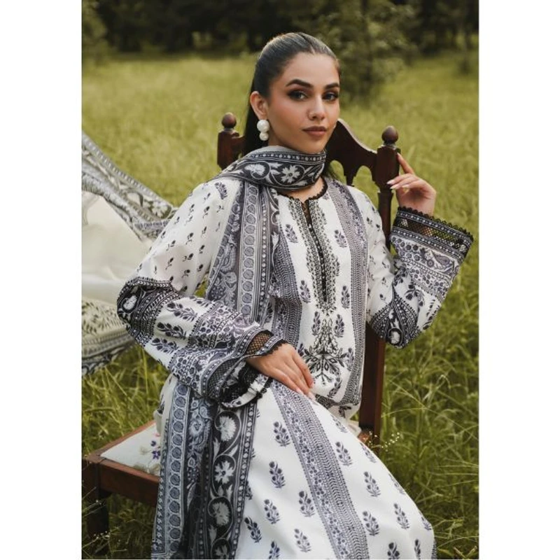 Printed White & Black Cotton Three-Piece | Elite Elegance