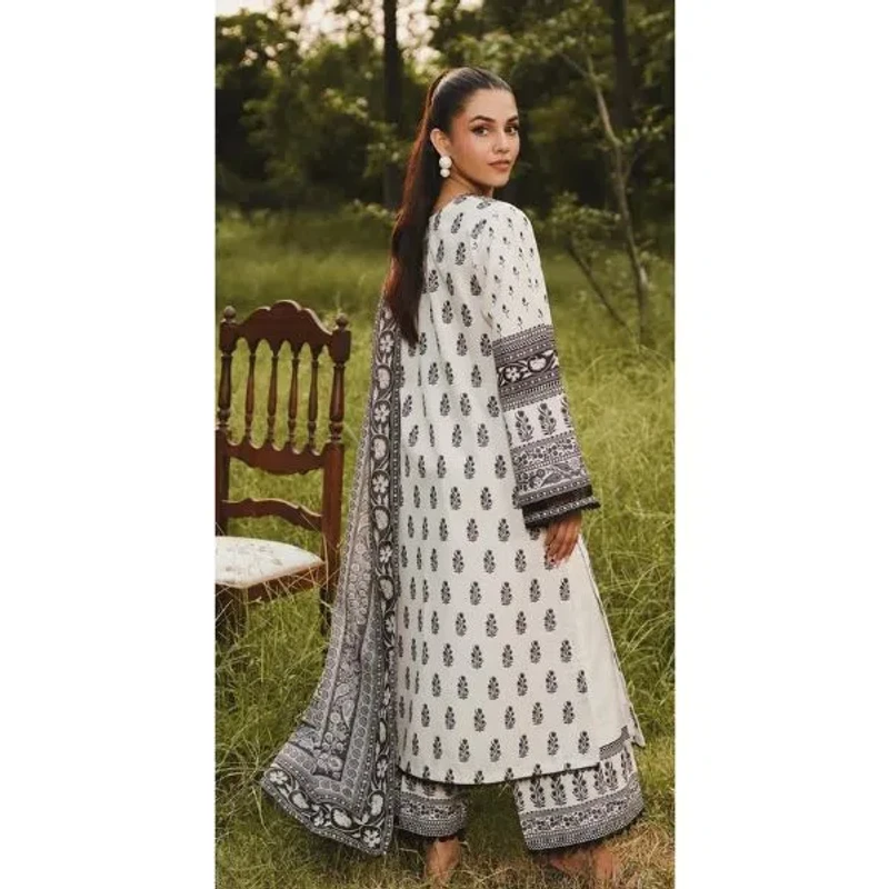 Printed White & Black Cotton Three-Piece | Elite Elegance - Image 3