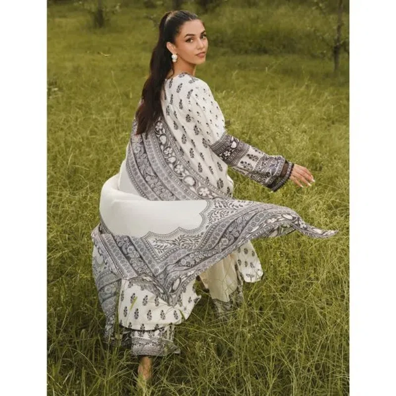 Printed White & Black Cotton Three-Piece | Elite Elegance - Image 4