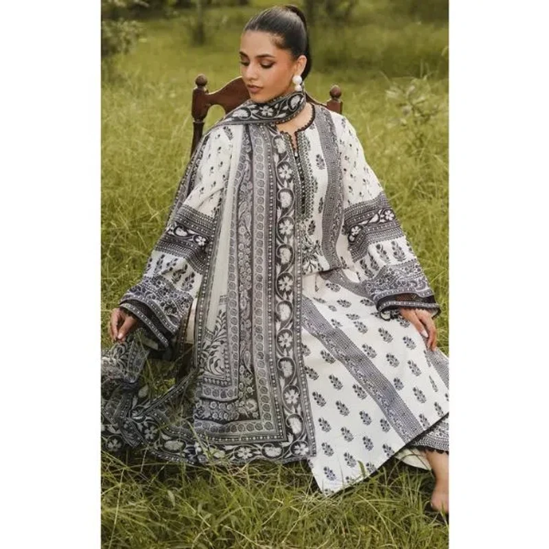 Printed White & Black Cotton Three-Piece | Elite Elegance - Image 5