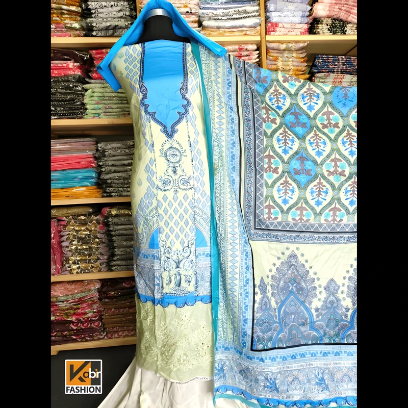 🔥আকর্ষণীয় ডিজিটাল প্রিন্টের সাথে আকর্ষণীয়  চিকেন কারি বোরিং করা ড্রেস