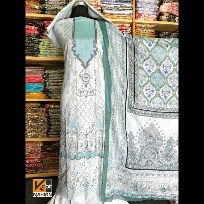 🔥আকর্ষণীয় ডিজিটাল প্রিন্টের সাথে আকর্ষণীয়  চিকেন কারি বোরিং করা ড্রেস - Image 3