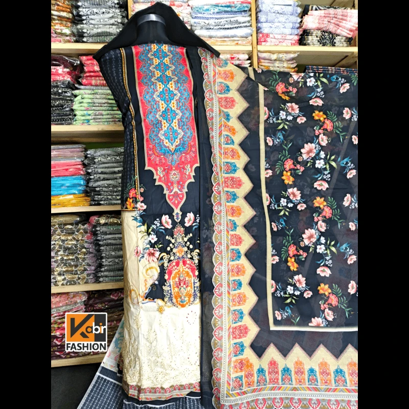 🔥আকর্ষণীয় ডিজিটাল প্রিন্টের সাথে আকর্ষণীয়  চিকেন কারি বোরিং করা ড্রেস