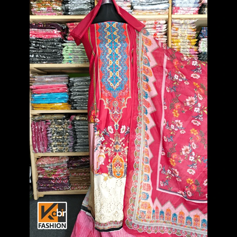 🔥আকর্ষণীয় ডিজিটাল প্রিন্টের সাথে আকর্ষণীয়  চিকেন কারি বোরিং করা ড্রেস - Image 3