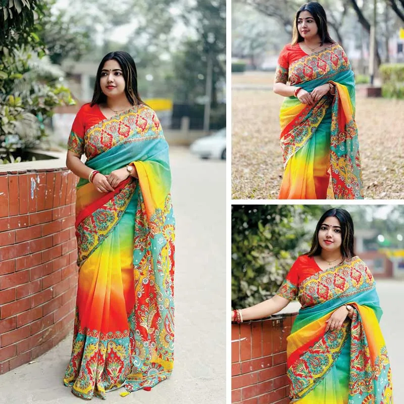 সেমি সিল্ক ডিজিটাল প্রিন্ট শাড়ি