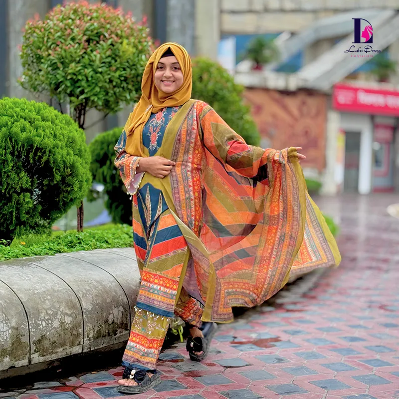 প্রিমিয়াম ডিজিটাল প্রিন্টেড মাইক্রো স্টেজ ফেব্রিক্স থ্রি-পিস