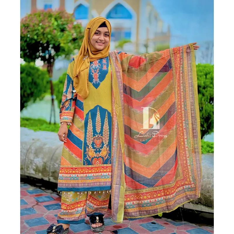 প্রিমিয়াম ডিজিটাল প্রিন্টেড মাইক্রো স্টেজ ফেব্রিক্স থ্রি-পিস