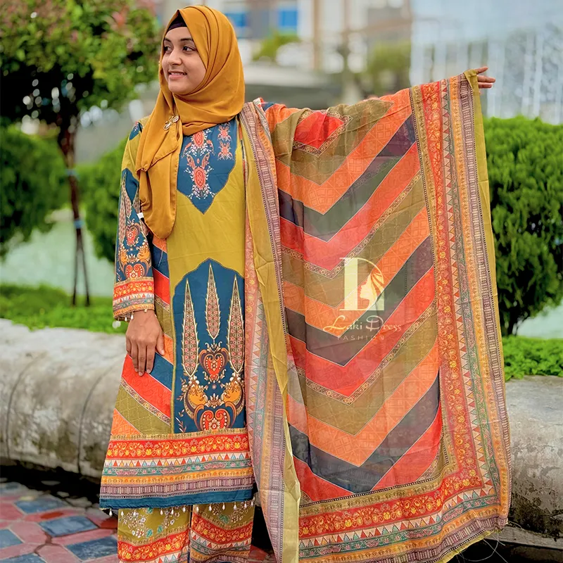 প্রিমিয়াম ডিজিটাল প্রিন্টেড মাইক্রো স্টেজ ফেব্রিক্স থ্রি-পিস - Image 3