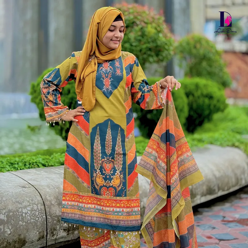 প্রিমিয়াম ডিজিটাল প্রিন্টেড মাইক্রো স্টেজ ফেব্রিক্স থ্রি-পিস - Image 4