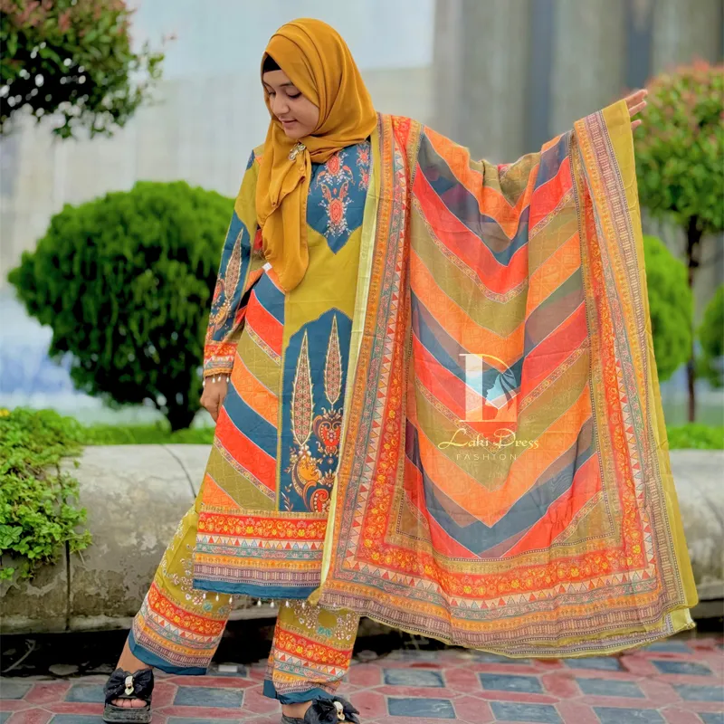 প্রিমিয়াম ডিজিটাল প্রিন্টেড মাইক্রো স্টেজ ফেব্রিক্স থ্রি-পিস - Image 5