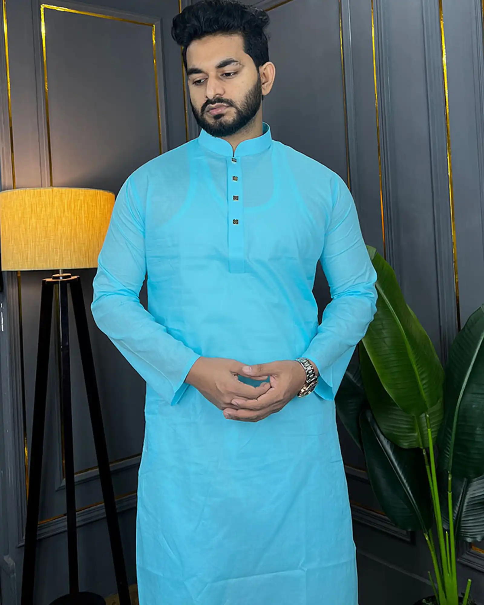 Premium Quality Cotton Fabrics Panjabi for Summer - Blue