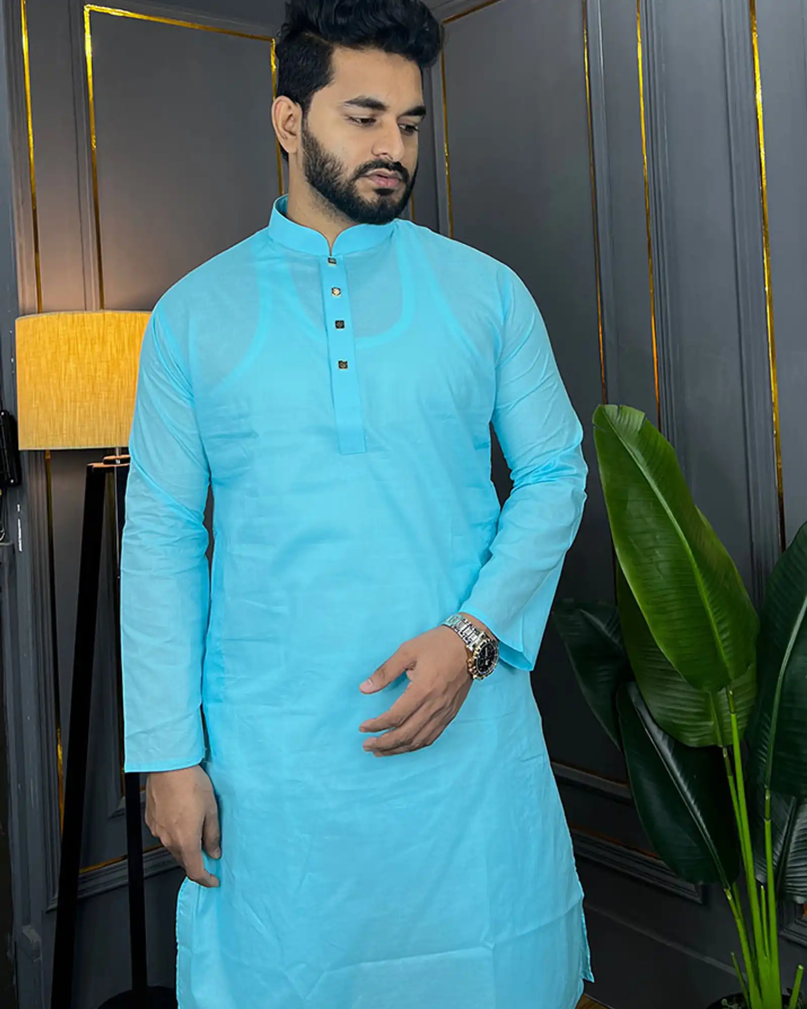 Premium Quality Cotton Fabrics Panjabi for Summer - Blue