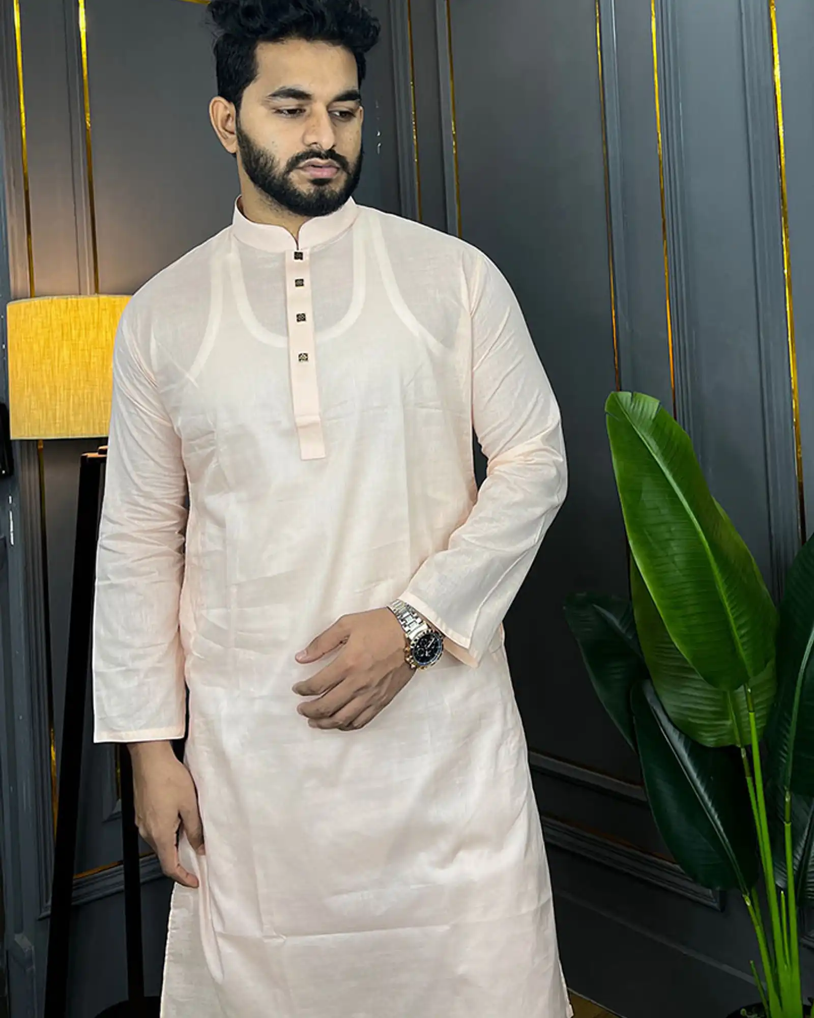 Premium Quality Cotton Fabrics Panjabi for Summer - Peach