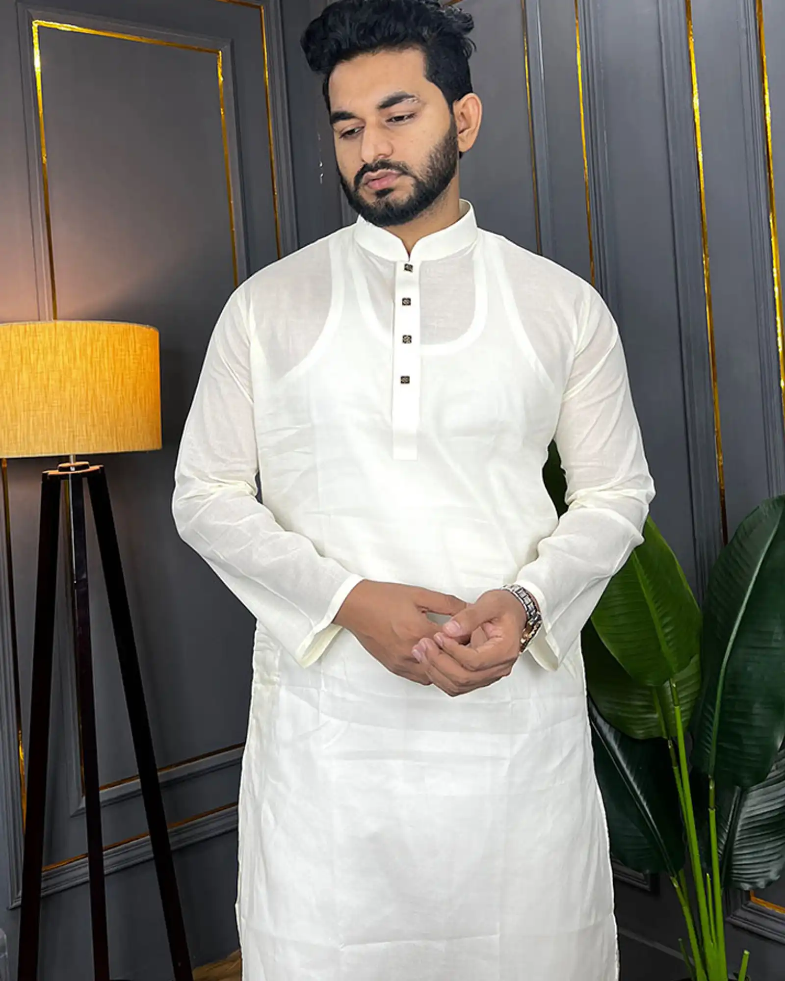 Premium Quality Cotton Fabrics Panjabi for Summer - White - Image 3