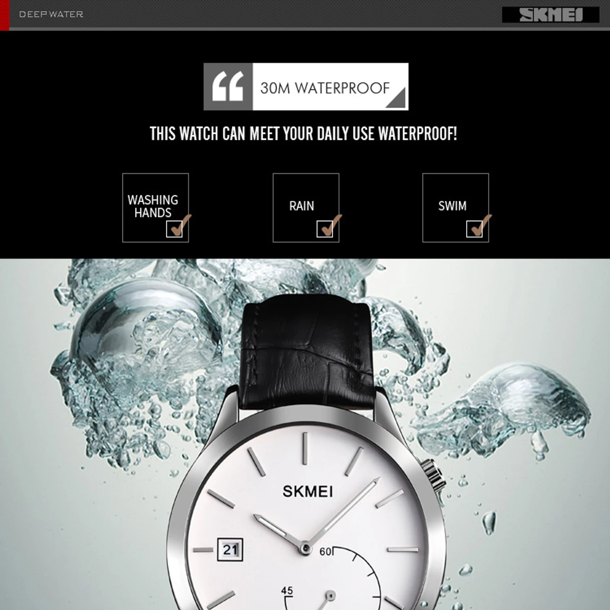 SKMEI Watch Quartz Business Fashion Casual Watches Leather 30m Waterproof - Image 3