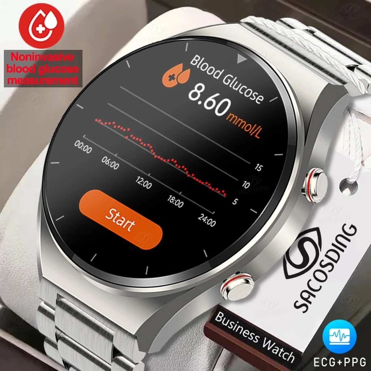 ECG+PPG Noninvasive Blood Sugar HRV Smart Watch
