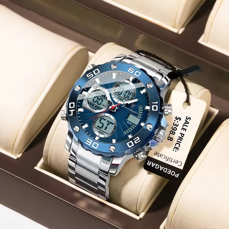 POEDAGAR Wristwatch for Man LED Alarm Dual Time Display