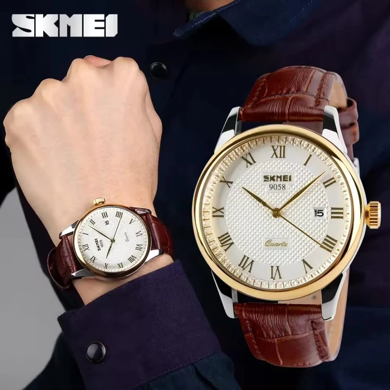 SKMEI 9058 Casual Leather Strap Waterproof Wristwatches