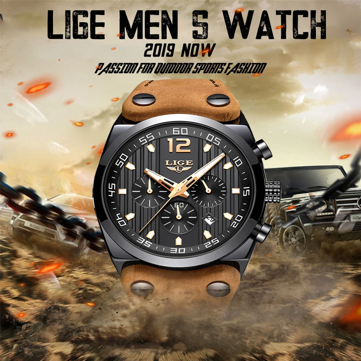 Lige Leather Men's Waterproof All Functions Active Wristwatch - Image 5