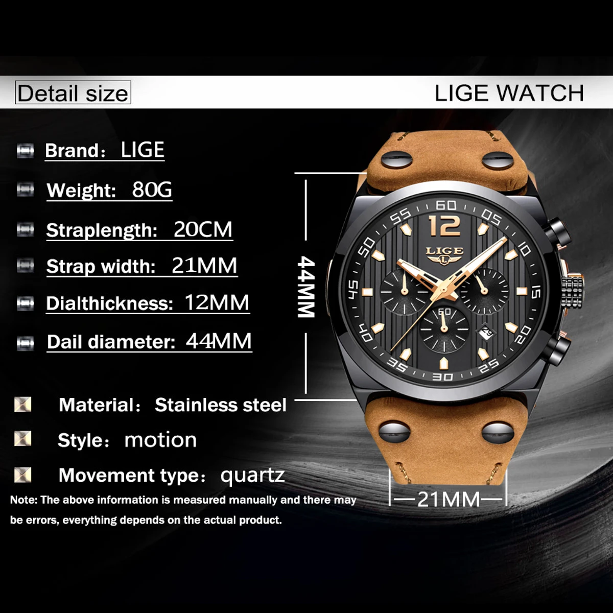 Lige Leather Men's Waterproof All Functions Active Wristwatch - Image 3