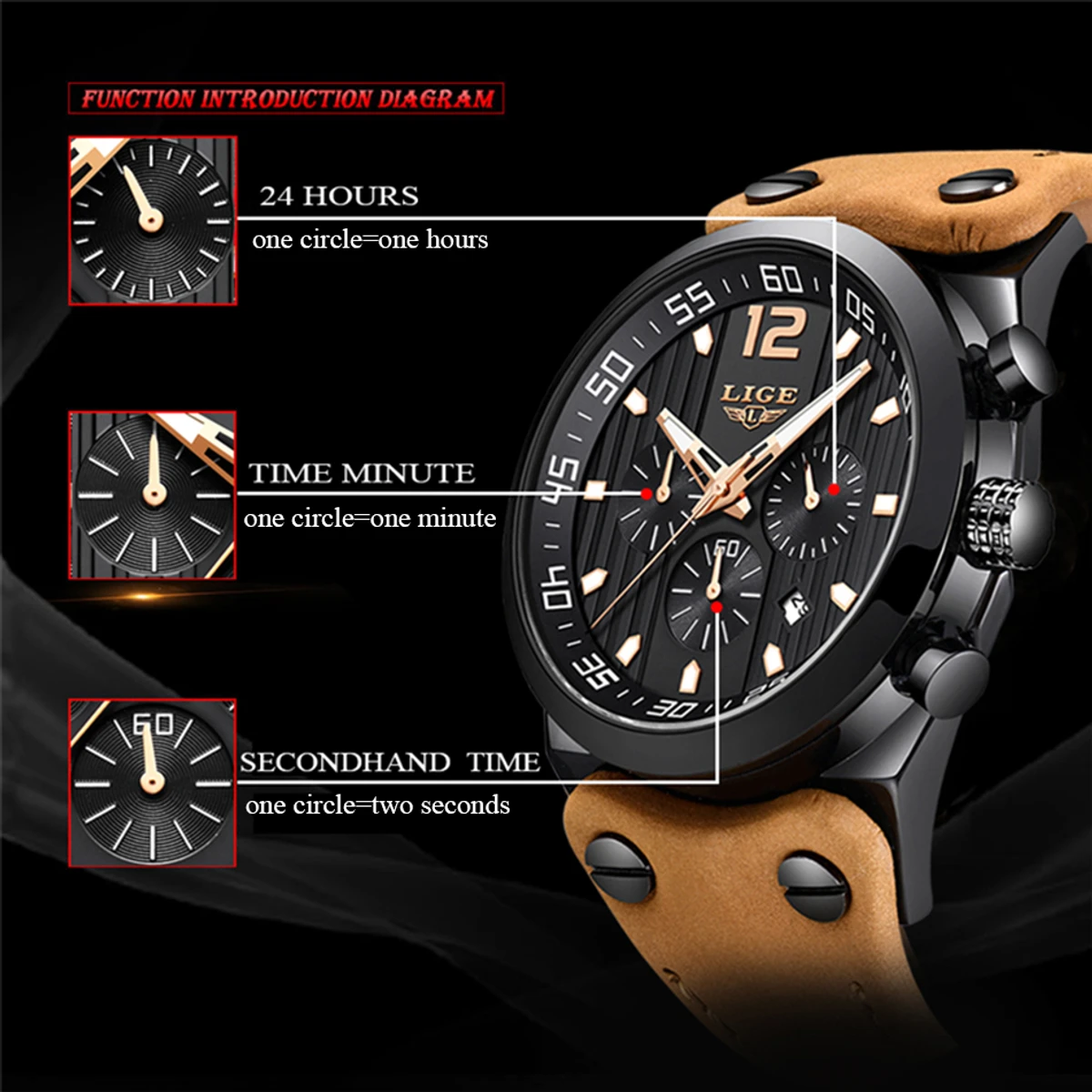 Lige Leather Men's Waterproof All Functions Active Wristwatch - Image 4