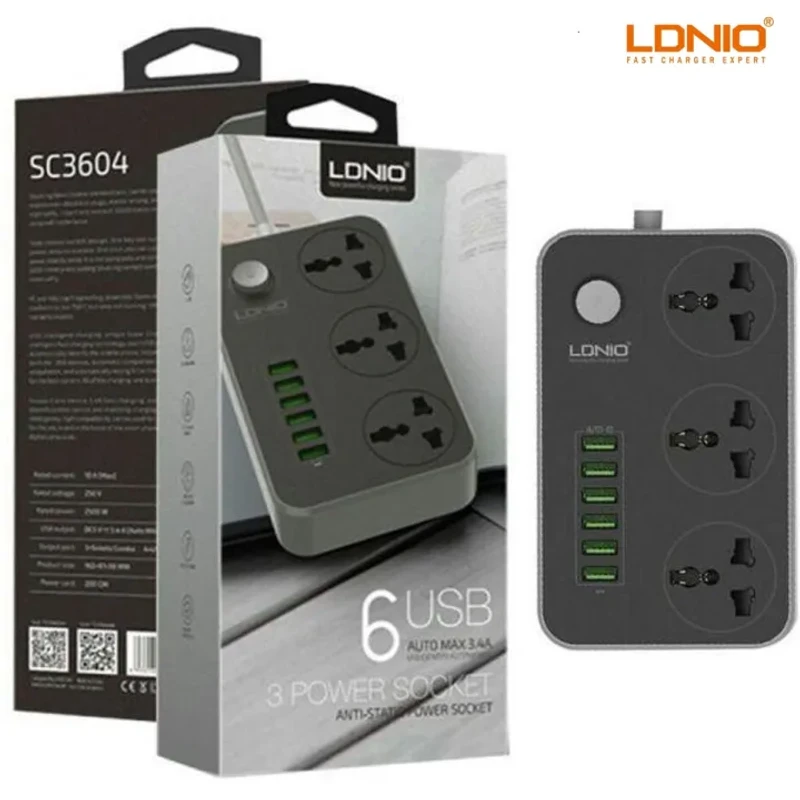 LDNIO SC3604 Power Strip with 3 AC Sockets and 6 USB Ports