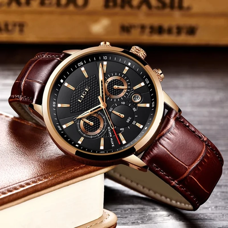 LIGE Top Brand Leather Chronograph