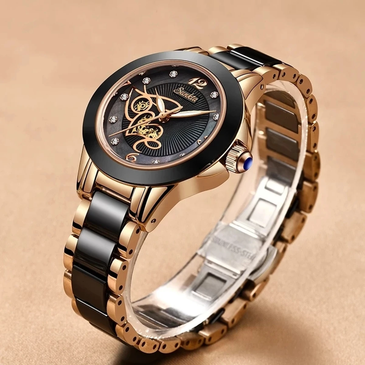 SUNKTA Brand Luxury Women Watches Black Ceramic Diamond Ladies Watch - Image 4