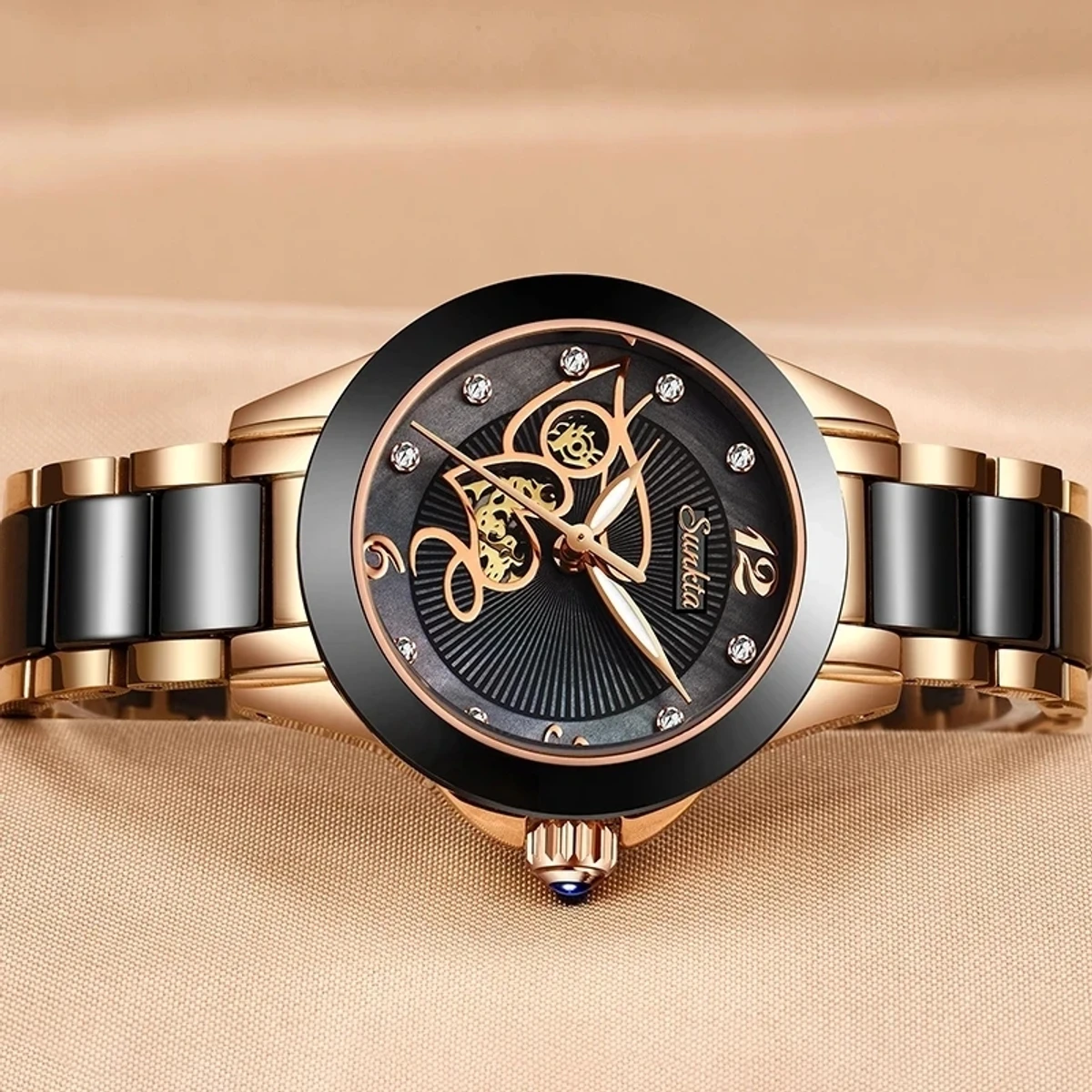 SUNKTA Brand Luxury Women Watches Black Ceramic Diamond Ladies Watch - Image 3