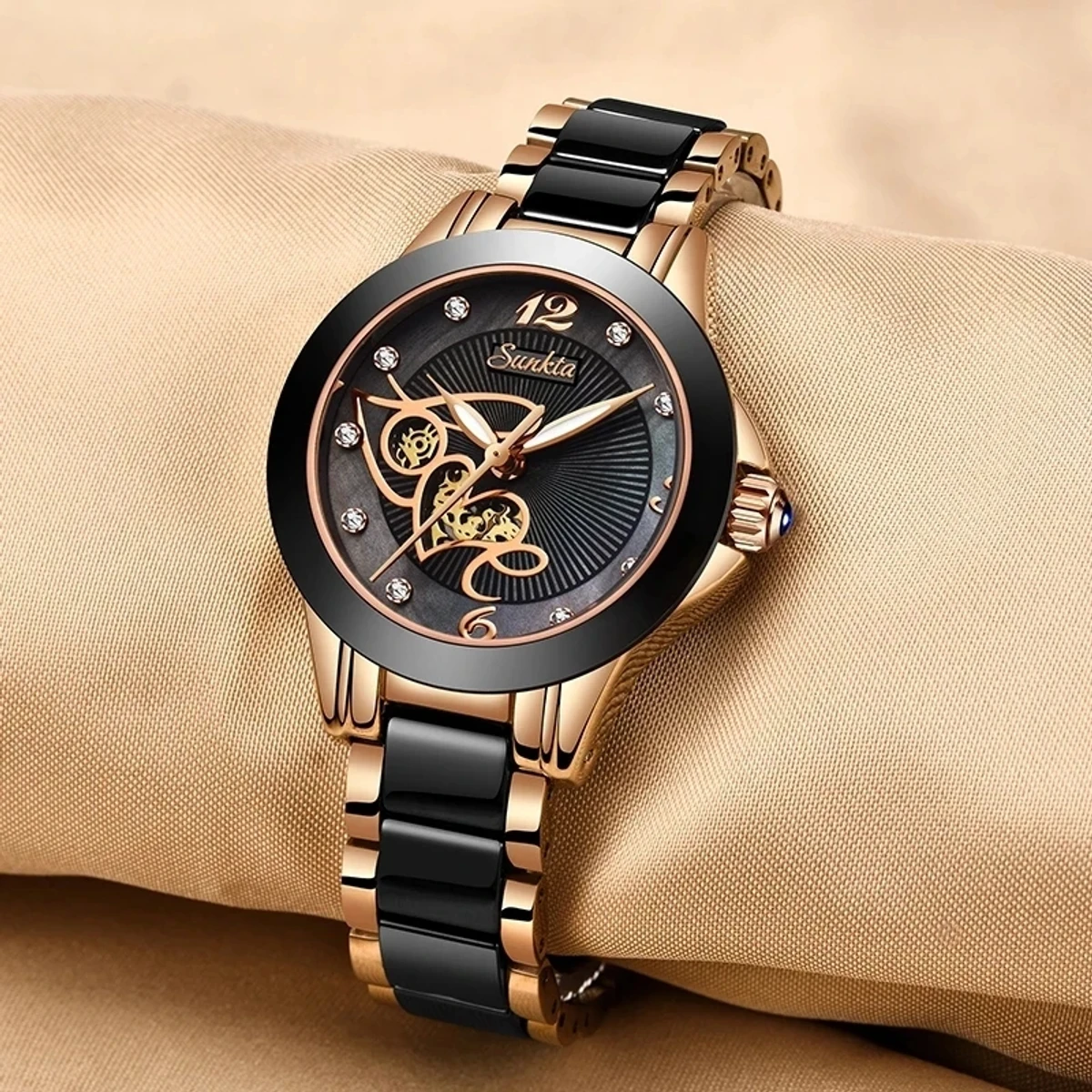 SUNKTA Brand Luxury Women Watches Black Ceramic Diamond Ladies Watch