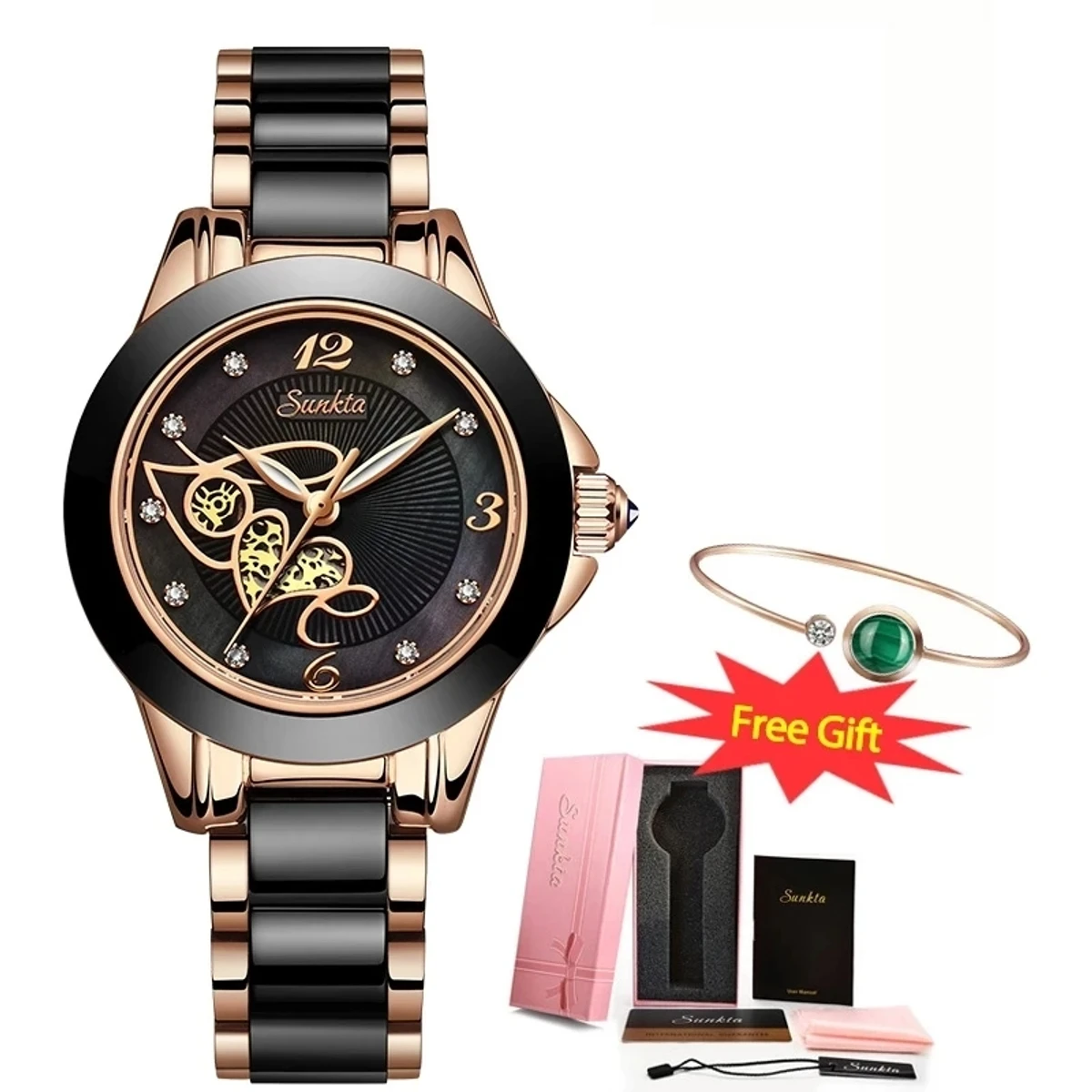 SUNKTA Brand Luxury Women Watches Black Ceramic Diamond Ladies Watch