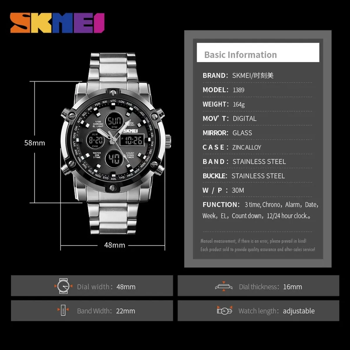 Skmei Watch Men Three Time Quartz Wrist Mens Watch 1389 - Image 3