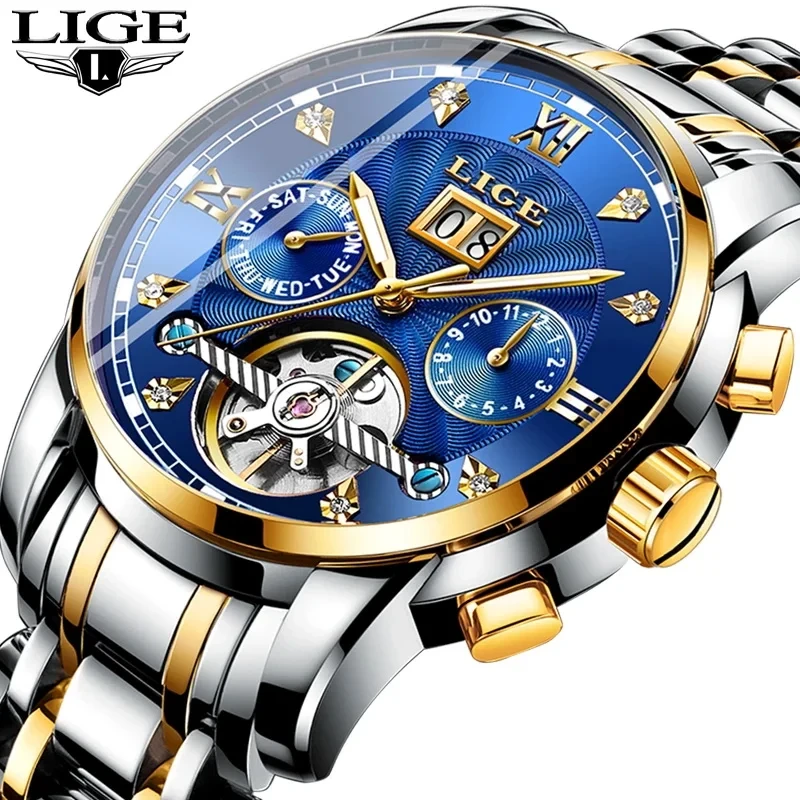 LIGE Men luxury Automatic Mechanical Watch