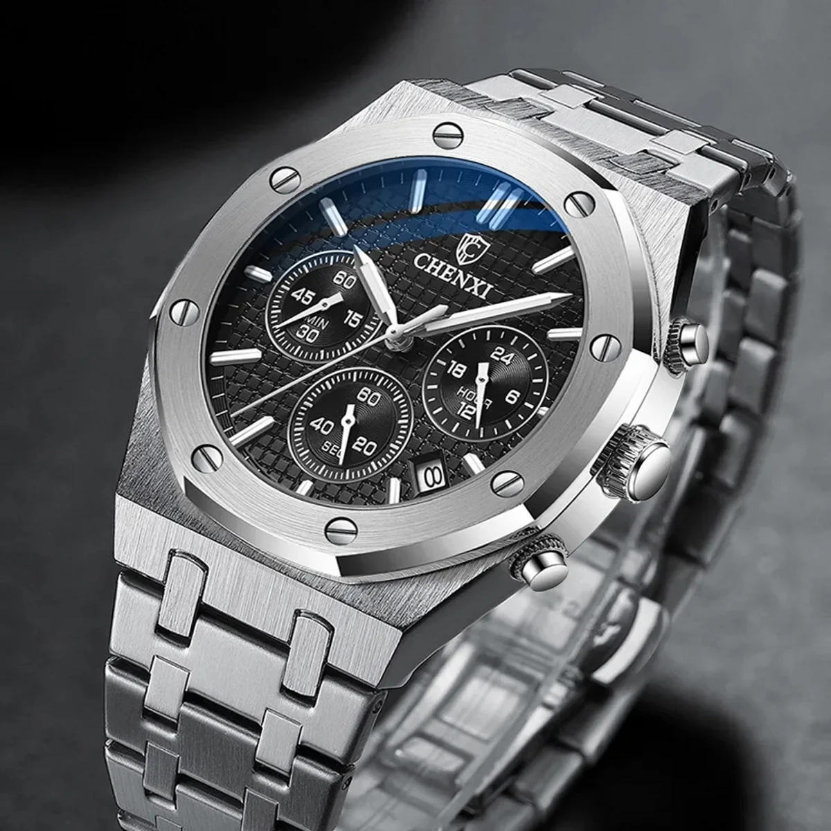 Chenxi Chronograph Men Watches Stainless Steel Silver
