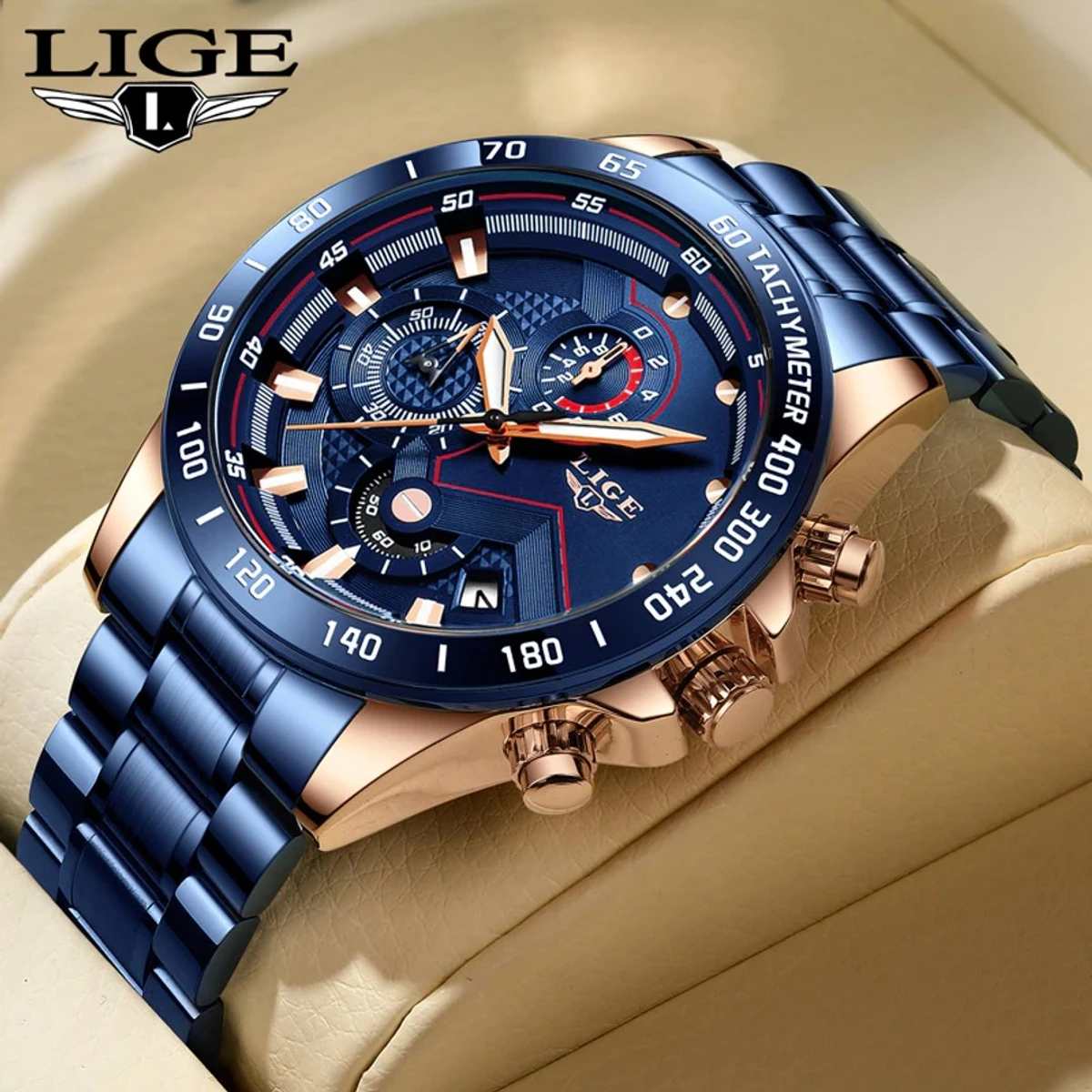 LIGE Men Watches Top Brand Luxury Stainless Steel Blue