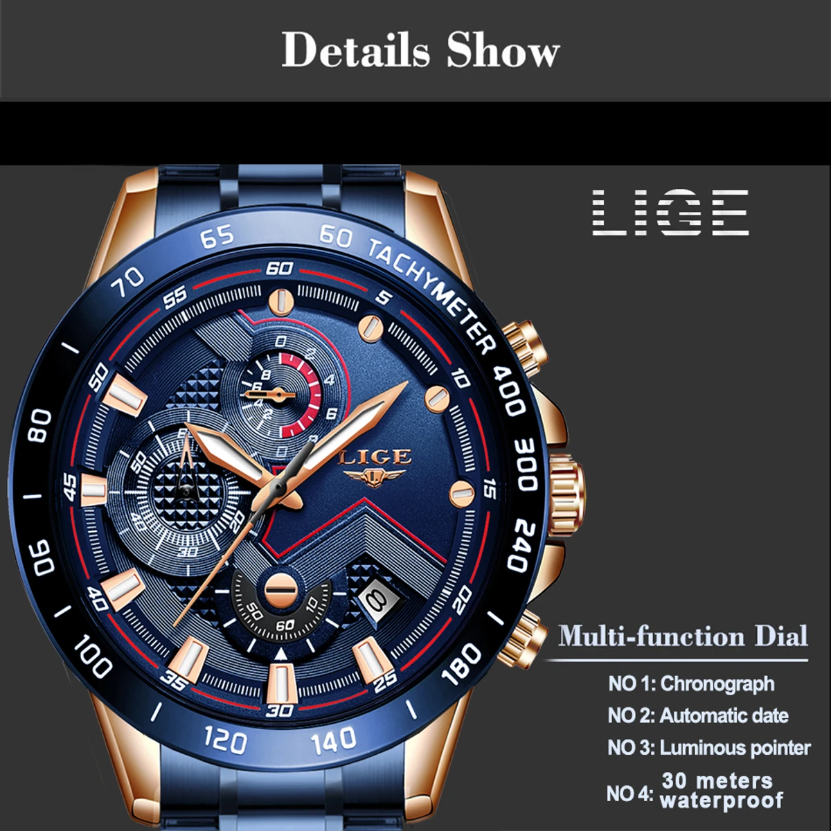 LIGE Men Watches Top Brand Luxury Stainless Steel Blue - Image 6