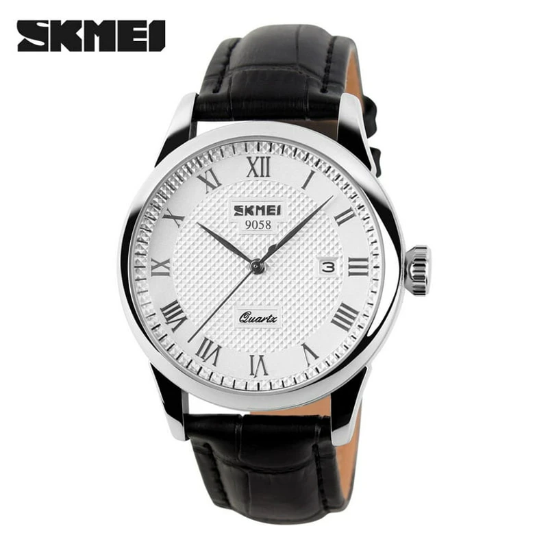 SKMEI 9058 Casual Leather Strap Waterproof Wristwatch