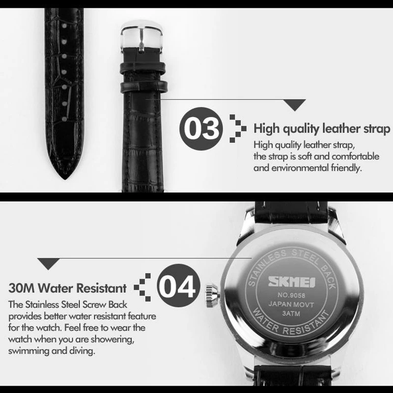 SKMEI 9058 Casual Leather Strap Waterproof Wristwatch