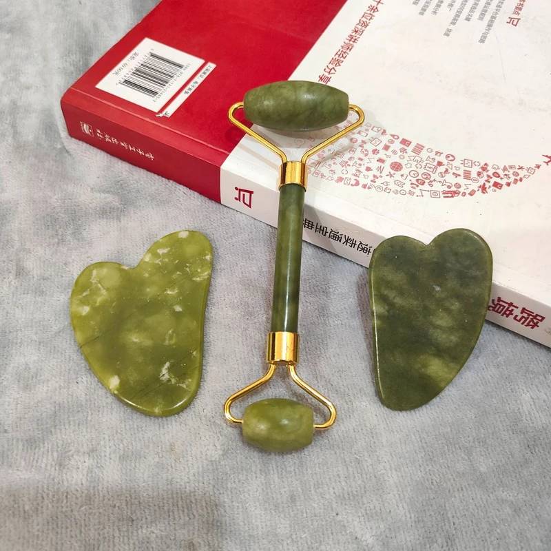 Jade Roller Gua Sha Scarping Tool, Natural Jade Face Beauty Roller Skin Care Tools, Jade Roller Set for Face Eye Neck Body Massage