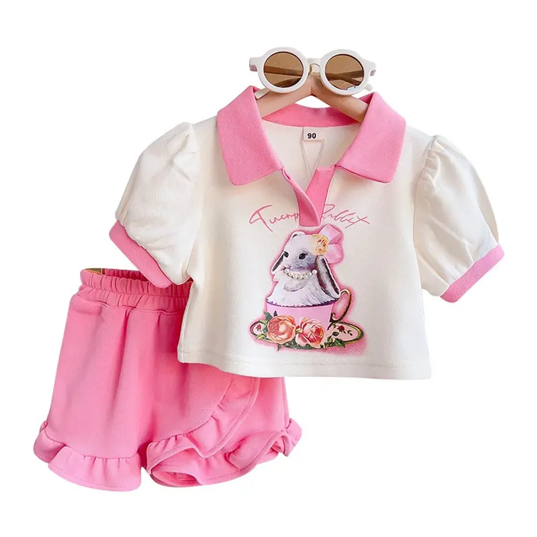 Girls Two-Piece Set Rabbit Cartoon Polo T-Shirt and Bud Skirt