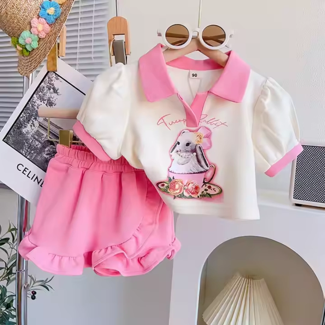 Girls Two-Piece Set Rabbit Cartoon Polo T-Shirt and Bud Skirt