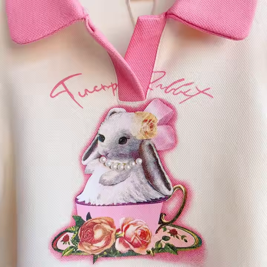 Girls Two-Piece Set Rabbit Cartoon Polo T-Shirt and Bud Skirt - Image 4