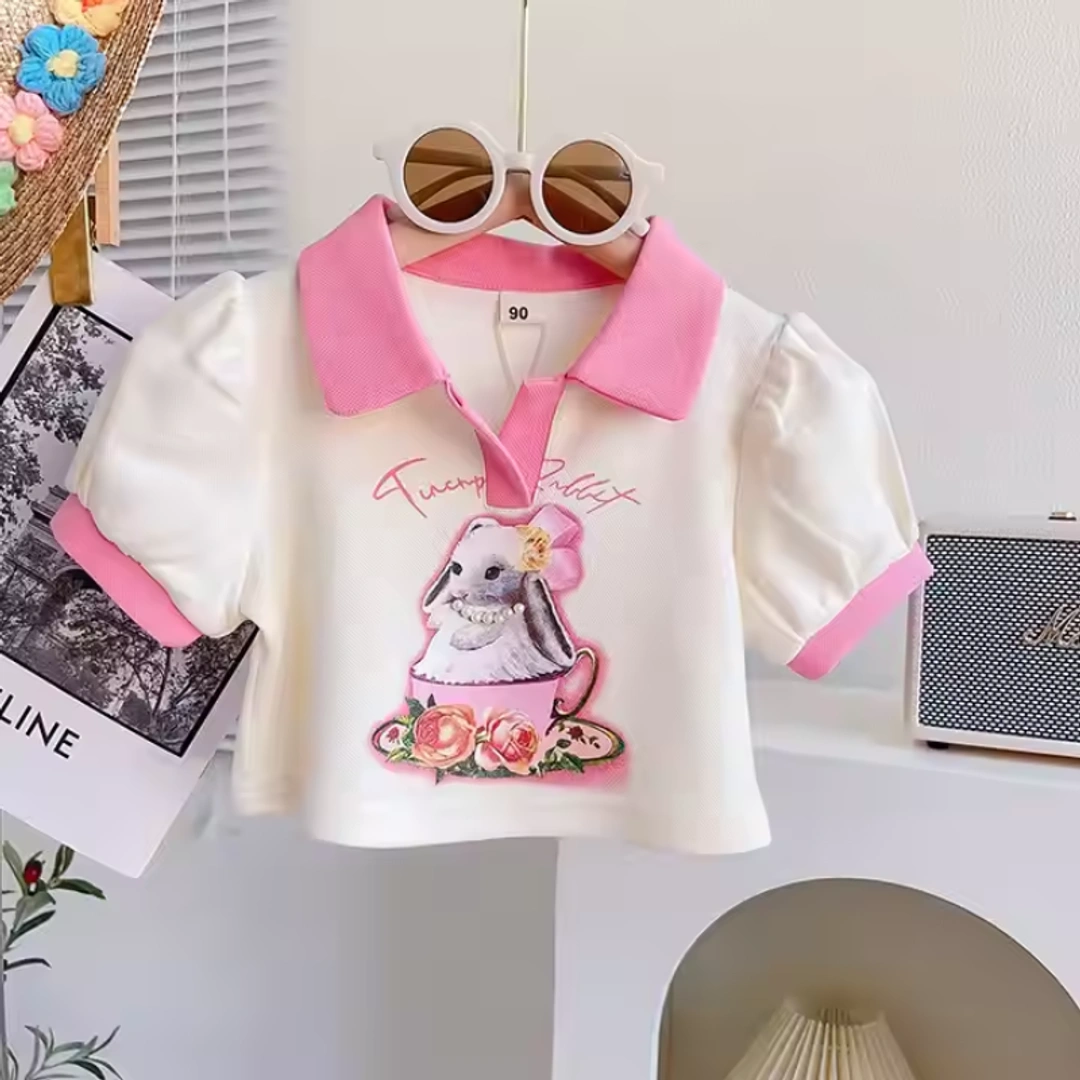 Girls Two-Piece Set Rabbit Cartoon Polo T-Shirt and Bud Skirt - Image 5