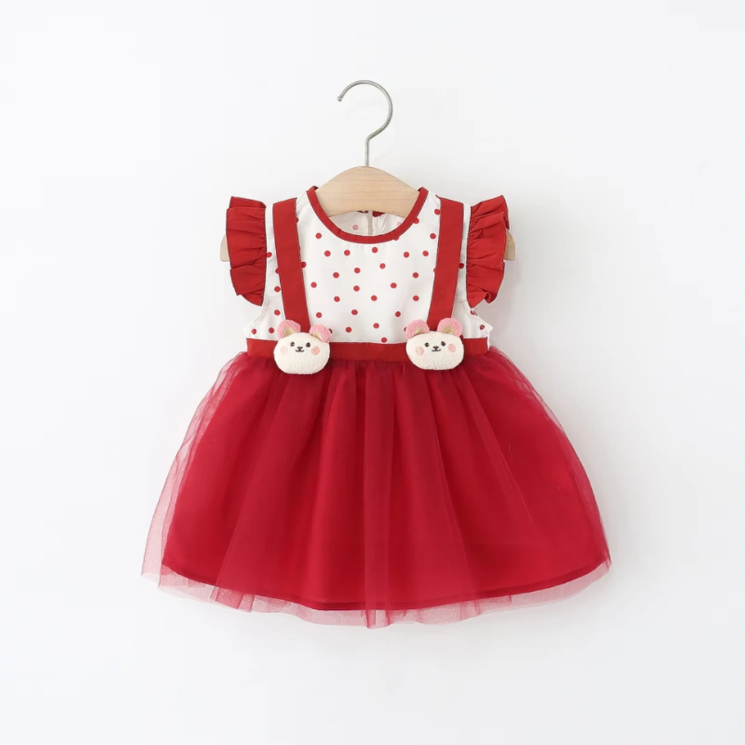 Summer Polka Dot Mesh Dress with Bear Cartoon for Girls