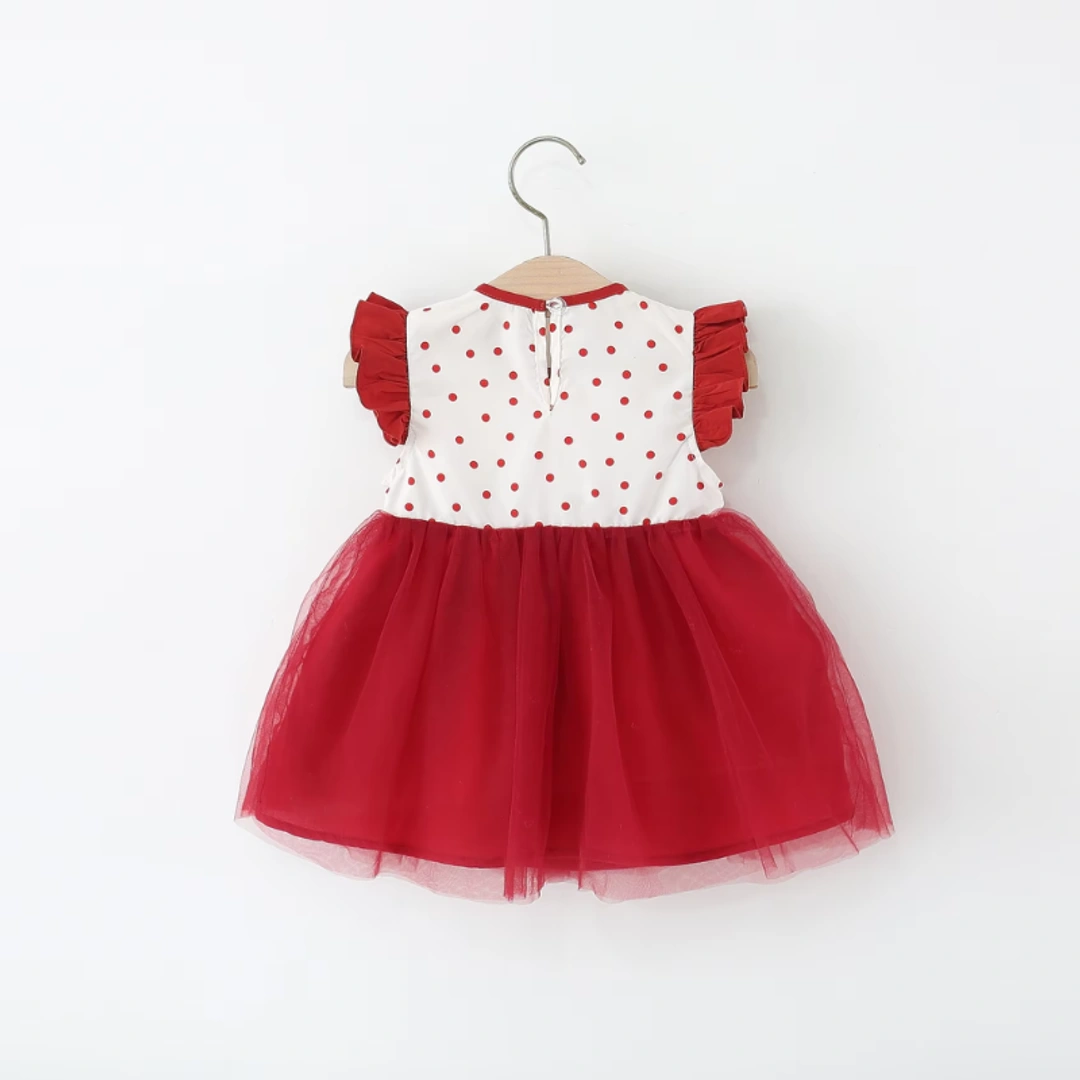 Summer Polka Dot Mesh Dress with Bear Cartoon for Girls