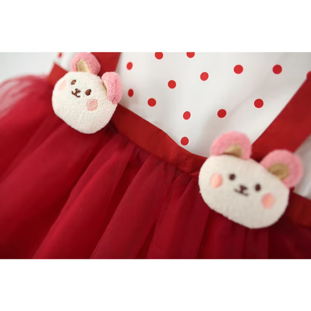 Summer Polka Dot Mesh Dress with Bear Cartoon for Girls - Image 4